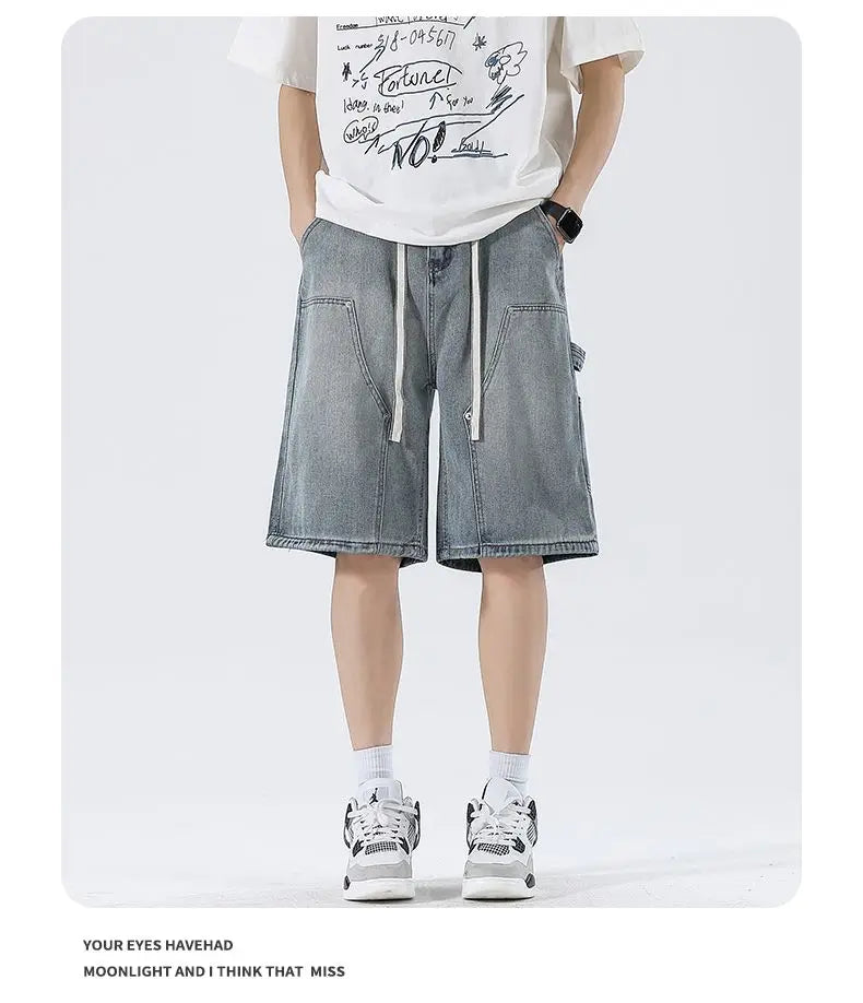 Men's Baggy Cargo Shorts Summer New Fashion Drawstring Straight Casual Jeans Streetwear Pocket Splicing Male Short Pants