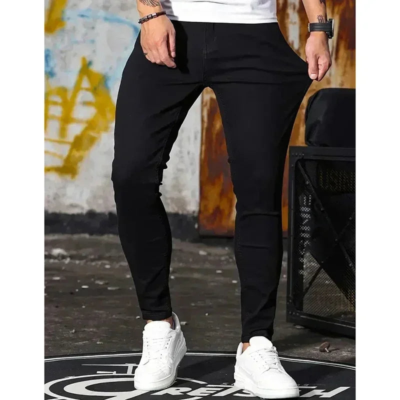Men Narrow Leg Jeans Male Straight Leg Slim Pencil Denim Pants Classic Casual Daily Stretch Skinny Trousers