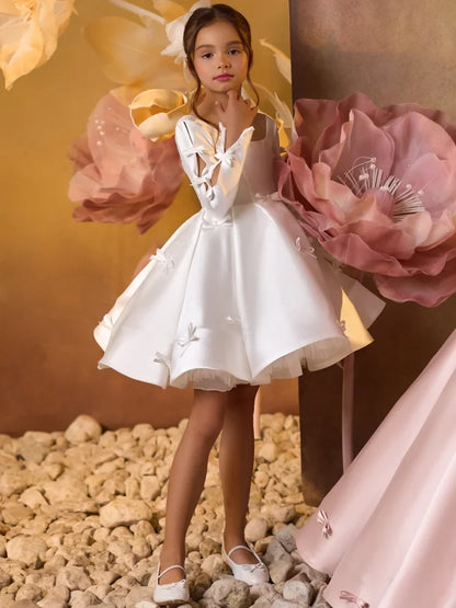 Customized White Flower Girl Dress Satin Tulle Bow Long Sleeve For Wedding Birthday Party Prom Communion Banquet Gown
