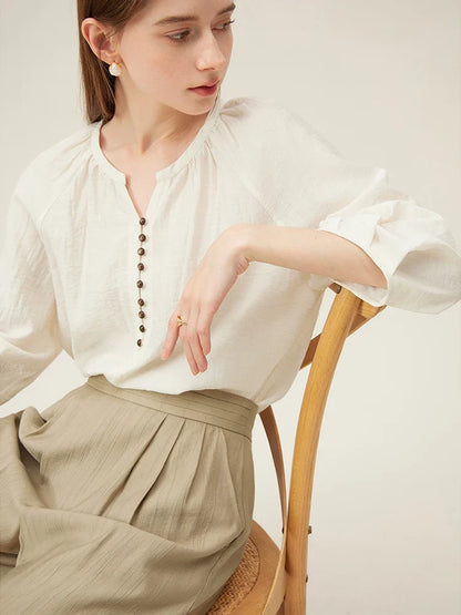 French Linen Beige Three-quarter Sleeve Elegant Summer Thin Shirts Loose Round Neck Pullover Blouses 24FS12211