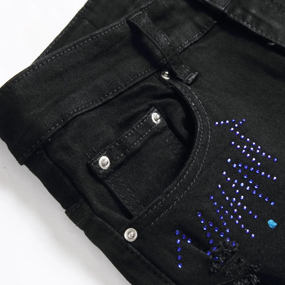 Men Crystal Cross Stretch Denim Jeans Holes Ripped Distressed Black Pants Embroidery Slim Tapered Trousers