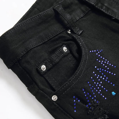 Men Crystal Cross Stretch Denim Jeans Holes Ripped Distressed Black Pants Embroidery Slim Tapered Trousers