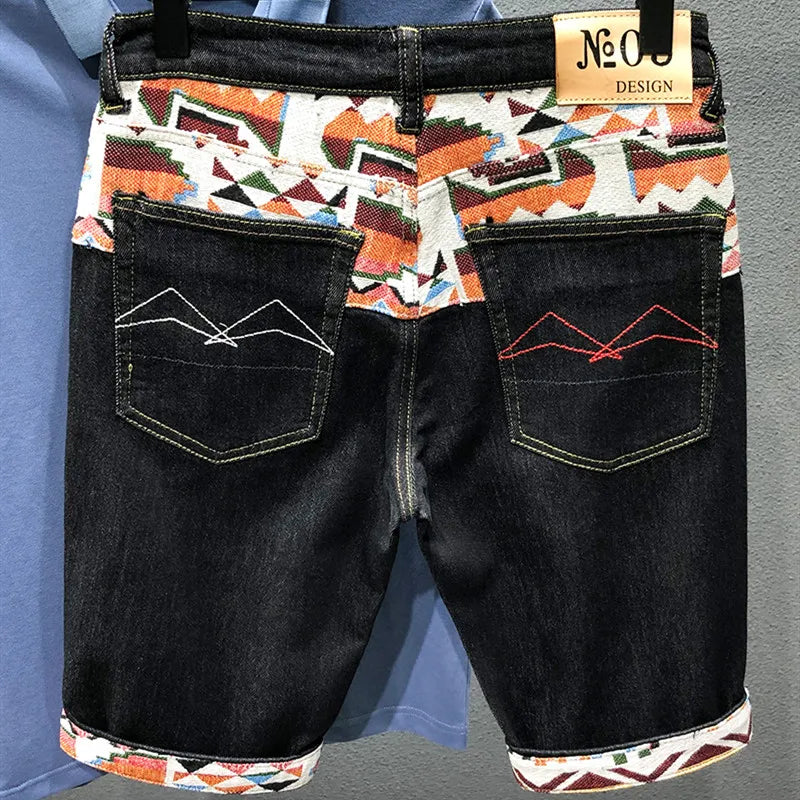 Summer New Denim Shorts Men's Stitching Embroidery Ripped Knee-length Shorts White Black Retro Blue Fashion High Quality Jeans