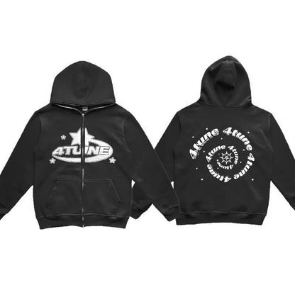 New Clothes Star Letter Print Retro Oversized Hoodie Women Y2K Street Hip-Hop Color Harajuku Casual Zipper Women Sweatshirt