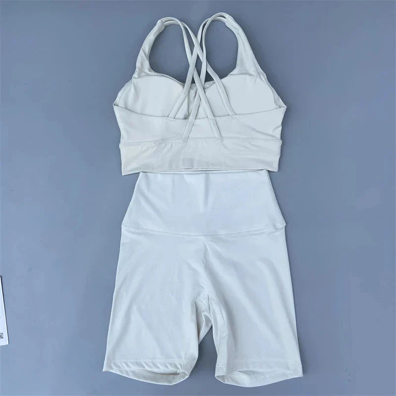 Solid Color soft gym Yoga Set short Legging +cross sport bra Tracksuit  Women Gym Suit Comprehensive Training Jogging Athletic
