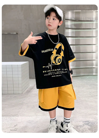 Fashion Stylish Kids Boys Top and Bottom Set Summer Tracksuit Streetwear Children New Trend Short Sleeve Clothes Suit Age 5-14 Y