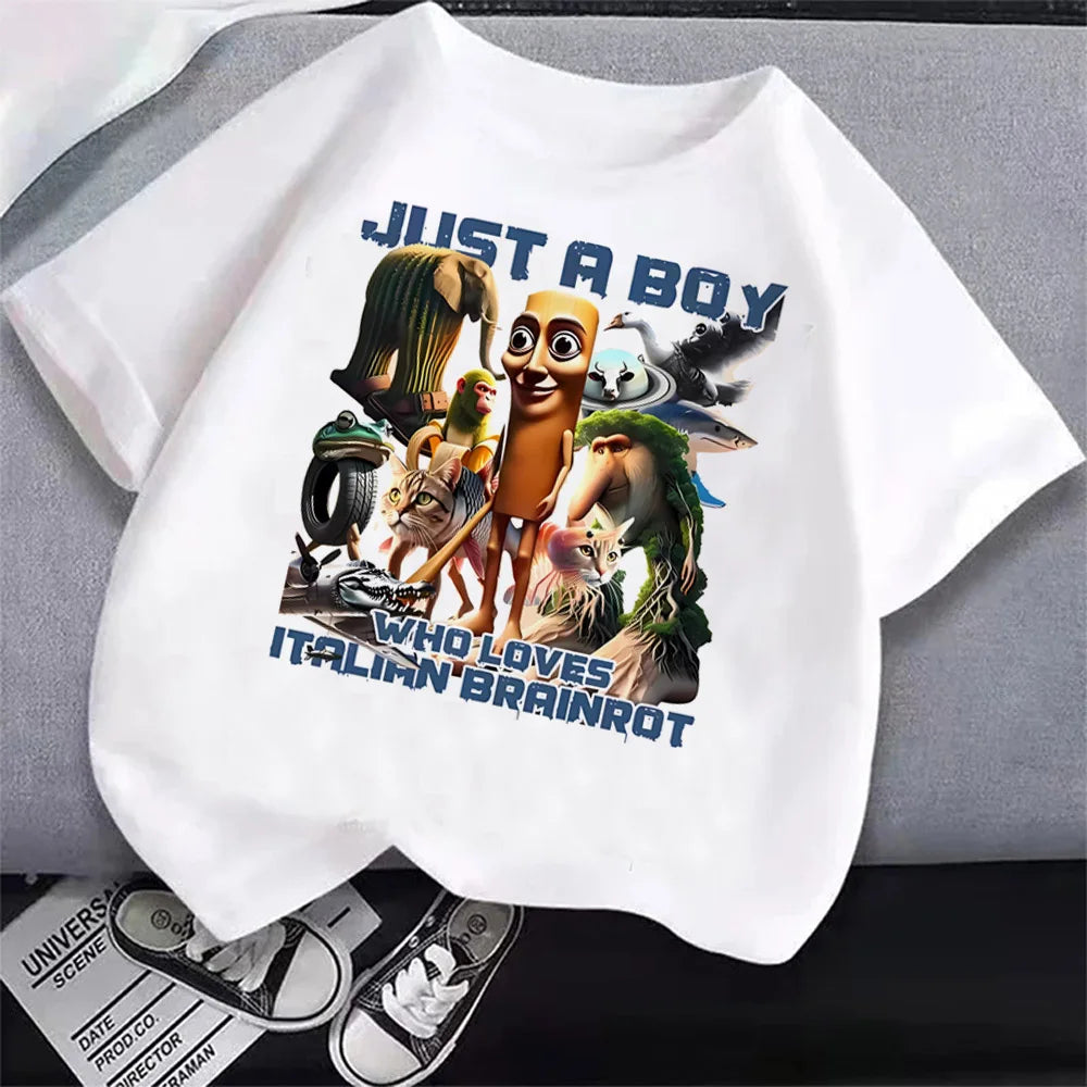 Italian Brainrot T-Shirt Kids Cartoon Anime Print Clothes Round Neck Basic Boys Tops Absorbent Casual Shirts Gift