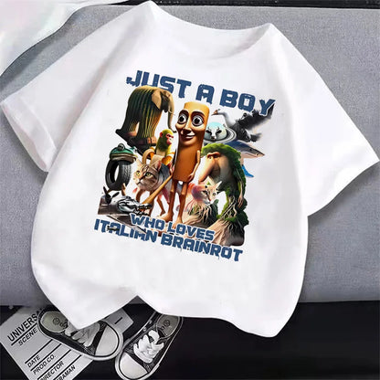 Italian Brainrot T-Shirt Kids Cartoon Anime Print Clothes Round Neck Basic Boys Tops Absorbent Casual Shirts Gift