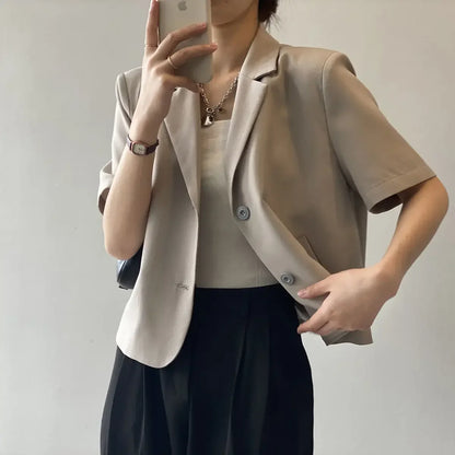 Blazers Women 3 Colors Office Lady New Short Sleeve Pockets Thin Summer Cropped All-match Simple College Quality Soft Streetwear