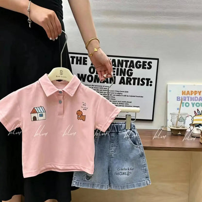 New Toddler Summer Baby Boys Clothes Suits Children Cartoon Polo T-Shirt + Denim Shorts 2Pcs/Set Infant Kids Fashion Tracksuits