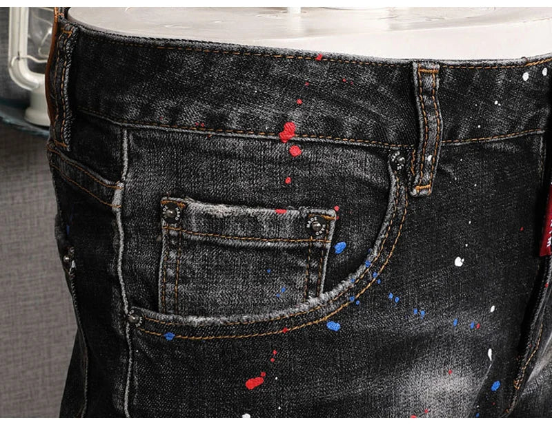 Fashion Streetwear Men Jeans Retro Black Blue Elastic Slim Fit Ripped Jeans Men Spliced Designer Embroidery Hip Hop Denim Pants