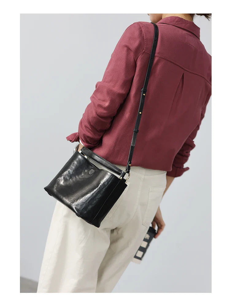 2024 New Arrival Genuine Leather Crossbody Bucket Bags Women Luxury Retro Small Handbag Soft Shoulder Bag