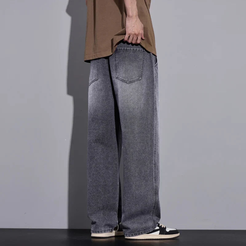 Men's Clothing Wide-leg Pants Baggy Jeans Streetwear Straight Fashion Denim Trousers Y2k Vintage Washed Elastic Waist Man Pants
