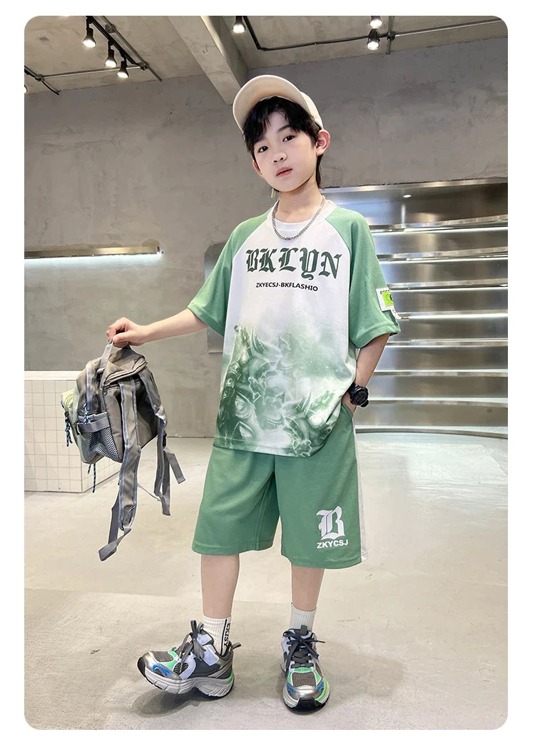 New Boys Clothing Sets Summer T-Shirt Short Sleeve+Shorts Kids Boy Sportsuit Children's Outfits Suit Teenager 5 6 8 10 12 14Yrs