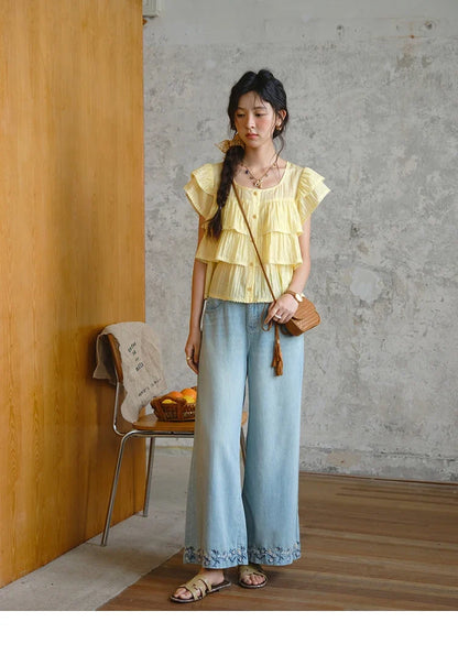 Butterfly Sleeve Chiffon Shirt Women's 2025 Summer New Women's Clothing Retro Square Neck Button Casual Shirt MXD30X1488