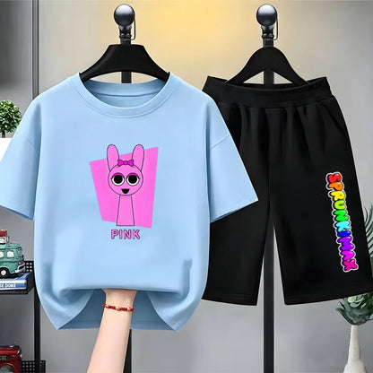 Summer Boys Girls Age 3-12 Tee+Shorts Suit Children Short Sleeve T-Shirts Child Casual Pink Black Clothes Sprunki Graphics