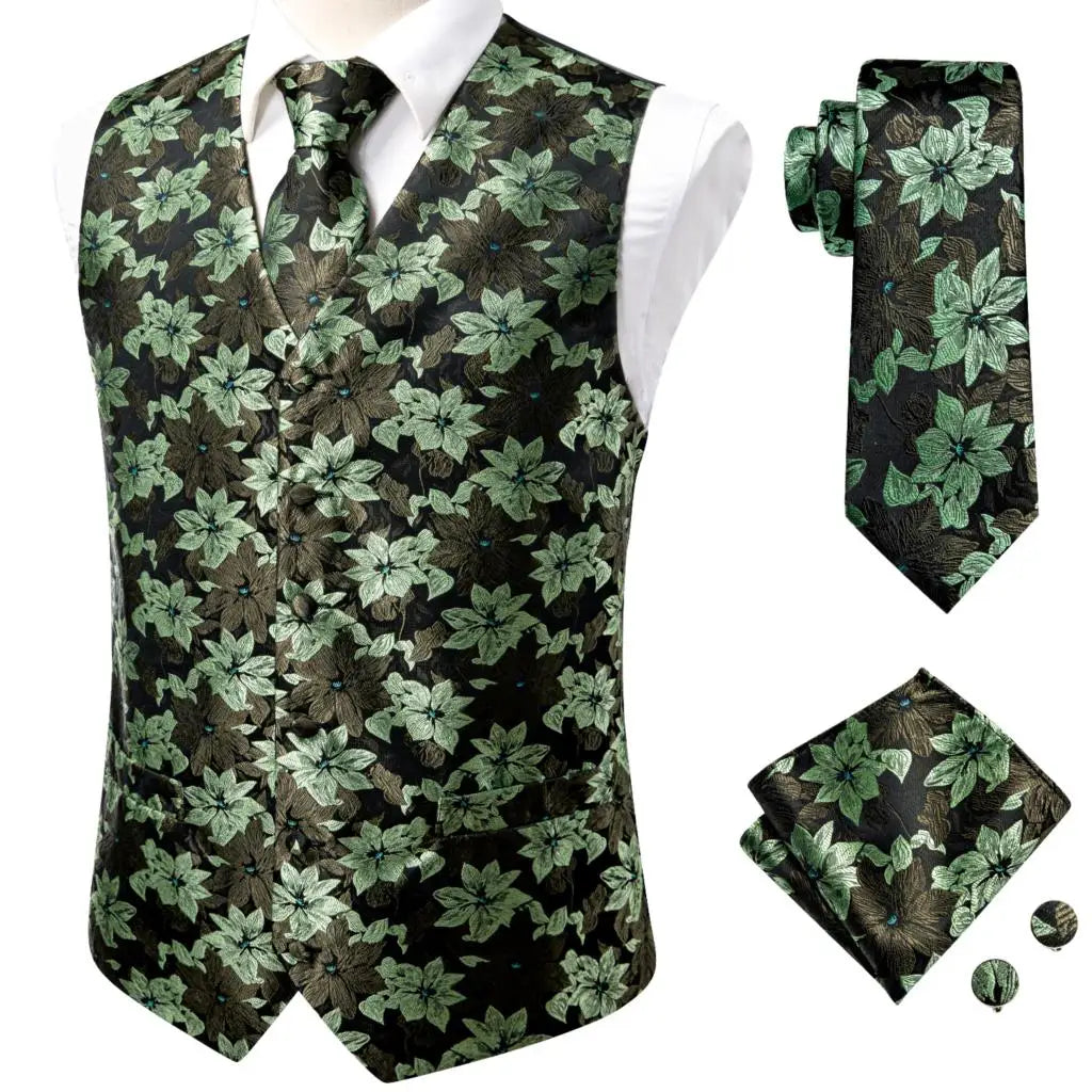 Luxury Mens Vests Black Gold Floral Jacquard Waistcoat Tie Hanky Cufflinks Brooch Set for Men Suit Wedding Office XL