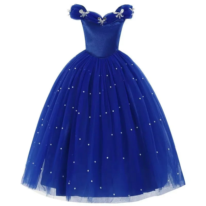 Cinderella Princess Same Cosplay Style Dark Blue Girl Luxury Dress Off-Shoulder Puff Skirt Christmas Party Gift Dress Set