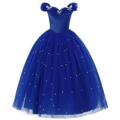 Cinderella Princess Same Cosplay Style Dark Blue Girl Luxury Dress Off-Shoulder Puff Skirt Christmas Party Gift Dress Set