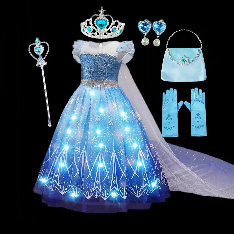 Halloween Girl Elsa Role Playing Dress Light Up Halloween Frozen Carnival Apparel Girls Birthday Cosplay Princess Glowing Dress