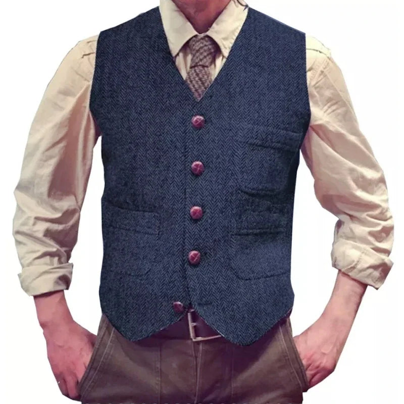 Herringbone Men Vest Dark Green Tweed Slim Casual Business Waistcoat For Wedding Party Banquet Work Prom Set Men Suit