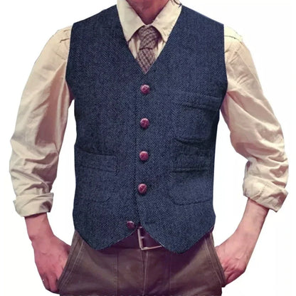 Herringbone Men Vest Dark Green Tweed Slim Casual Business Waistcoat For Wedding Party Banquet Work Prom Set Men Suit