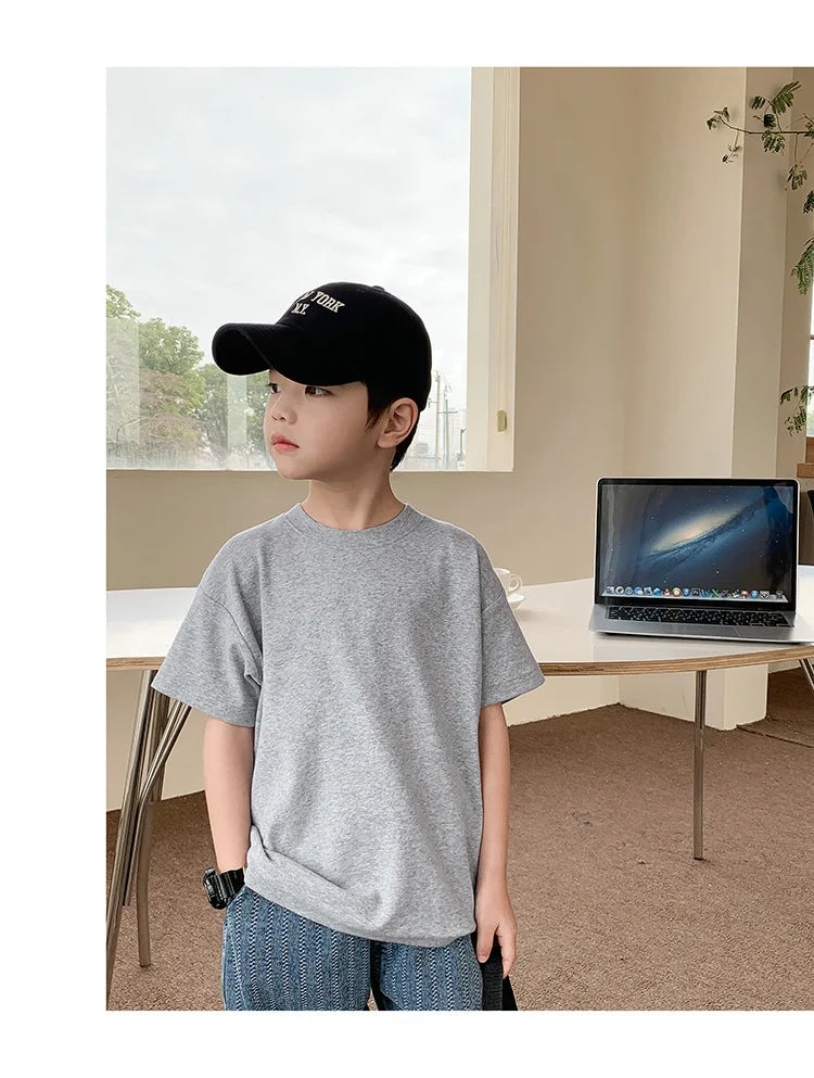 Summer Casual School Kids Cotton Plain Tee Tops Baby and Boys Short-Sleeved T-Shirt Children Outfit Clothing 1-16 Years