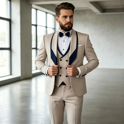 3 Pieces Men's Slim Fit Wedding Tuxedo Beige Groom Prom Dinner Blazer Vest Pants Set Classic Business Formal Suit for Men