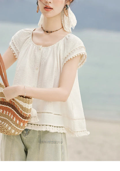 Embroidered French Shirt Women Summer 2025 Short Sleeve Round Neck Solid Blouses Female Fashion New Tops Lady MXE33X1744