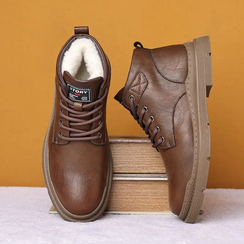 Casual Formal Footwear Brand Men's Leather Shoes New in Winter Men Boots Warm Plush Lace-up Ankle Boots Comfy Office Work Shoes