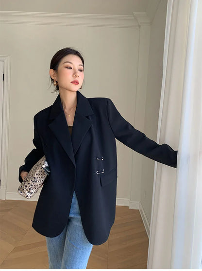 Women Black Oversize Casual Jacket New Lapel Long Sleeve Loose Blazer Fashion Pin Office Ladies Suits Coat Spring Autumn 2023