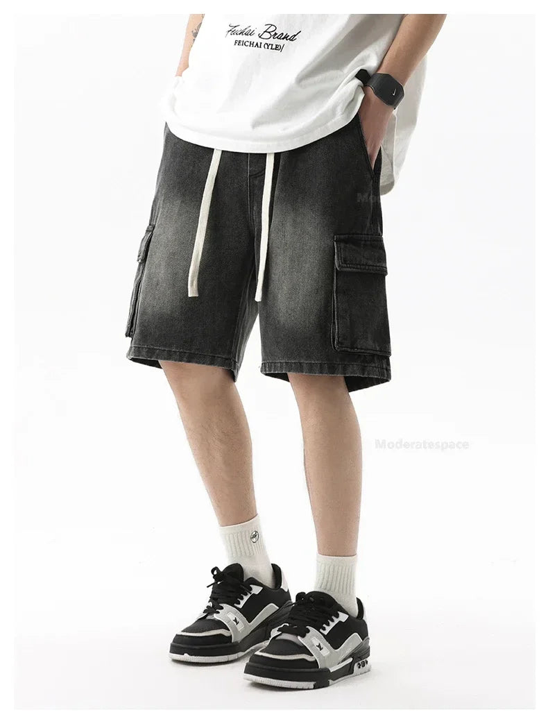 Summer Retro Fashion Denim Shorts for Men Loose Straight Leg Multi-pocket Short Jeans With Elastic Waist and Drawstring Male