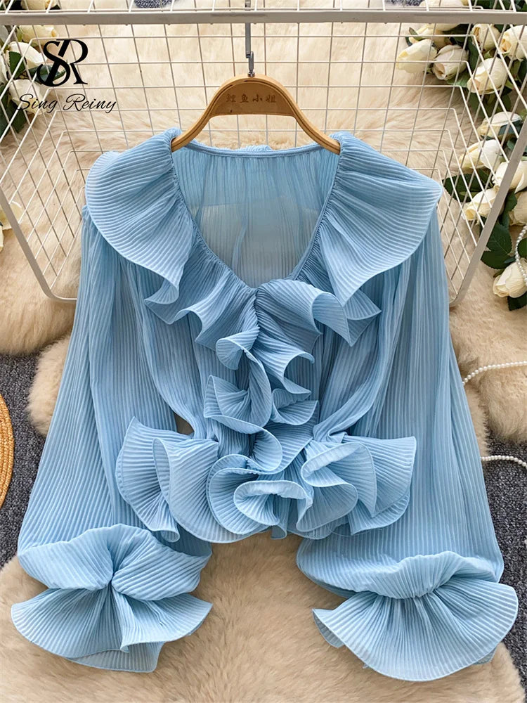 Ruffles Pleated Romantic Tops Thin Spring Summer V Neck French Elegant Blouse Fairycore Flowy Office Lady Luxury Shirt
