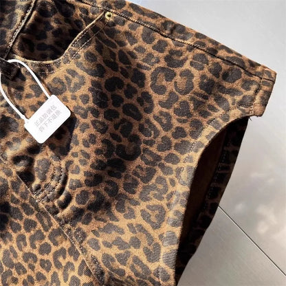 2025 Leopard Print High Waist Denim Shorts Women's New Irregular Fashion Wide-leg Pants Booty Shorts Jeans Mini Shorts Summer