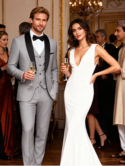 Men's 3 Pieces Shawl Collar Suits Blazer Vest Pants Slim Fit Tuxedo Suit Set One Button Formal  Jacket for Wedding Prom Party