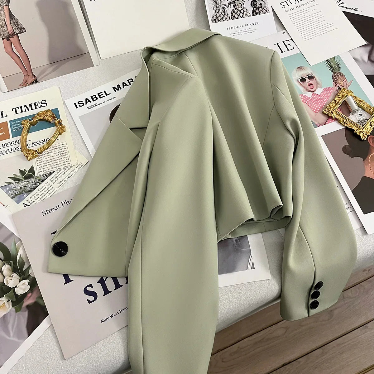 Autumn Solid Color Cropped Suit Jacket for Women Turn Down Collar Single Button Blazer Female Casual Office Lady Blazers Coat