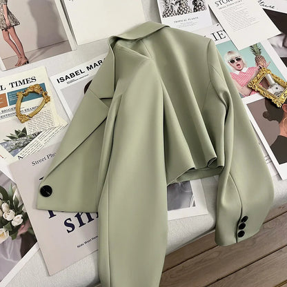 Autumn Solid Color Cropped Suit Jacket for Women Turn Down Collar Single Button Blazer Female Casual Office Lady Blazers Coat