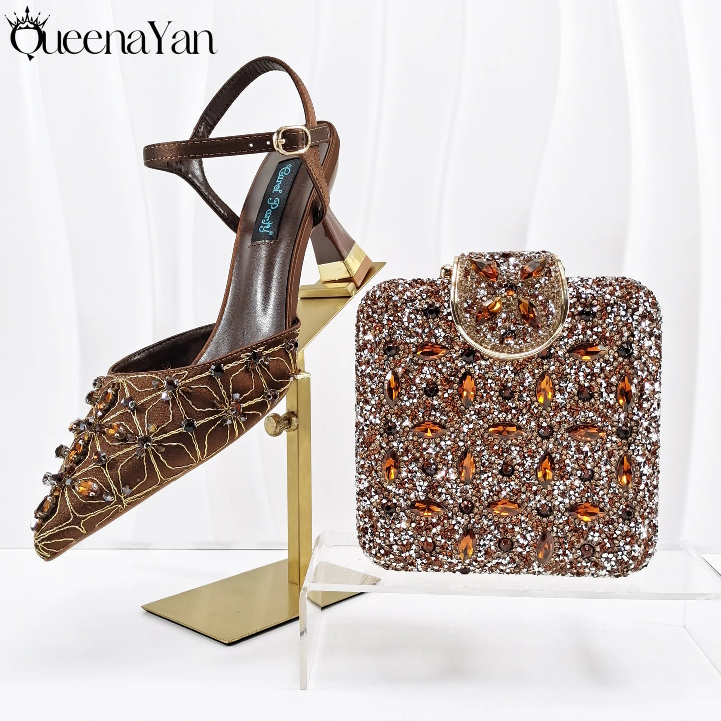 Elegant Full High Quality Diamond Design Olive Color Italian Women's Shoe and Handbag Set for Weddings and Special Occasions