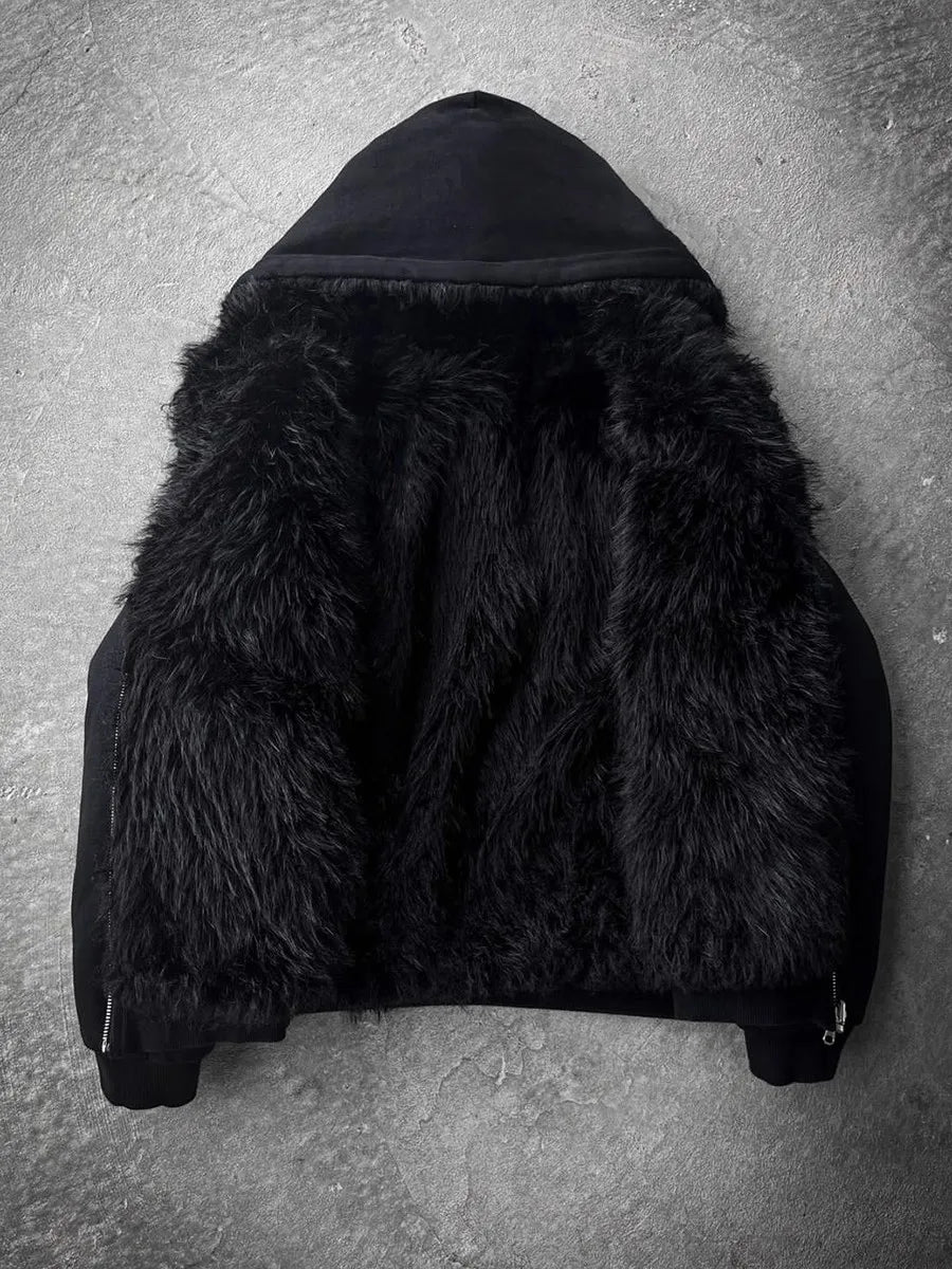 Autumn Winter Oversized Thickened Warm Black Reversible Faux Fur Parka Coat Men with Hood Zipper Fluffy Jacket 2025