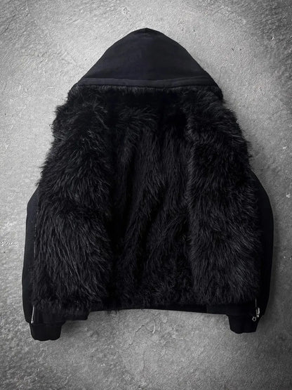 Autumn Winter Oversized Thickened Warm Black Reversible Faux Fur Parka Coat Men with Hood Zipper Fluffy Jacket 2025
