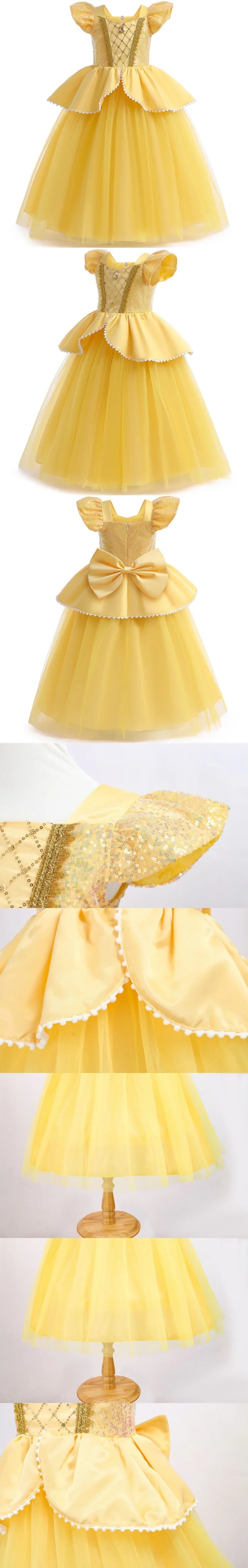 Beauty Beast Halloween Girl Princess Belle Costume Christmas Festive Evening Party Fancy Fairy Yellow Shoulderless Long Dresses