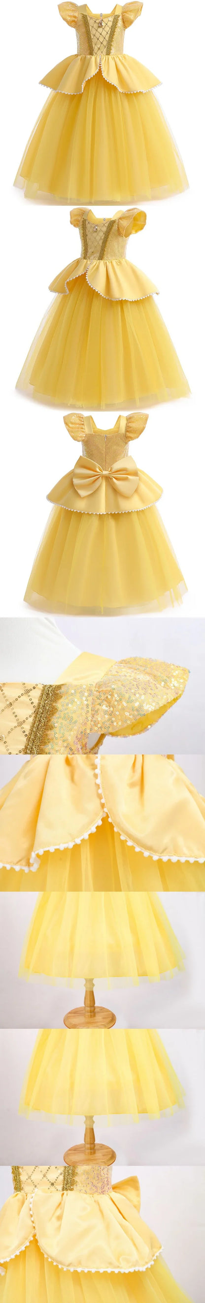 Beauty Beast Halloween Girl Princess Belle Costume Christmas Festive Evening Party Fancy Fairy Yellow Shoulderless Long Dresses