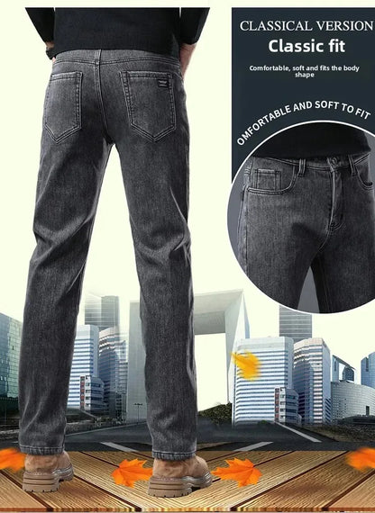 2025 New Winter Men Black Straight Stretch Denim Thick Velvet Pants Warm Jeans Casual Fleece Line Trousers Male Plus Size