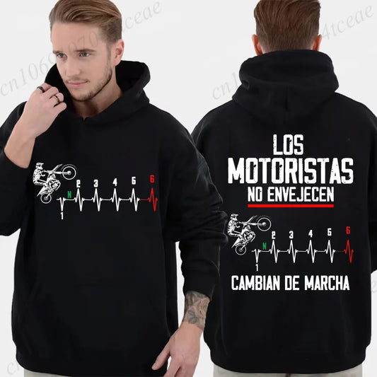 Mens Spanish Motorcycle Biker Hoodies Los Motoristas No Envejecen Print Pullover Hooded Sweatshirt Fleece Casual Outerwear Gift