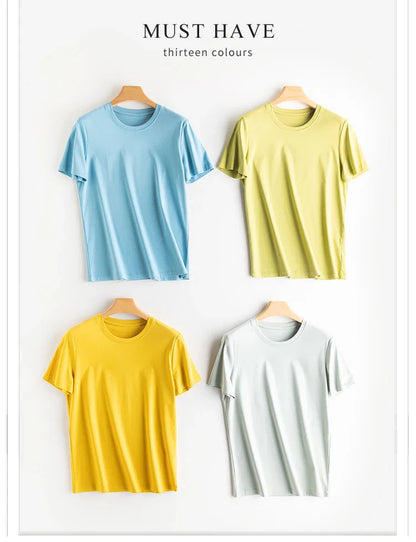 6% Real Silk Cotton Modal Women's T-shirt 2026 Summer Tees Short Sleeve Solid Tee Shirts V-neck Casual Woman Basic T shirt Tops