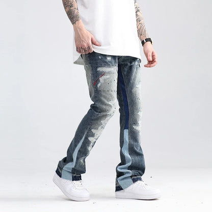 Blue Speckle Ink Washed Flared Jeans Slim Fit Hip Hop Graffiti Ripped Denim Pant Men Streetwear Vintage Wide Leg Jean Pants Y2k