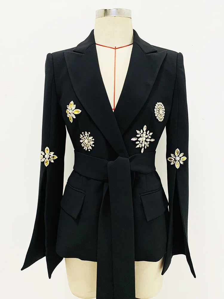 HIGH STREET Newest Fashion 2026 Designer Jacket Women's Slit Sleeve Rhinestone Diamonds Beading Belted Blazer