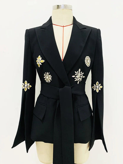 HIGH STREET Newest Fashion 2026 Designer Jacket Women's Slit Sleeve Rhinestone Diamonds Beading Belted Blazer