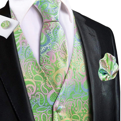 Elegant Purple Silk Mens Vests Tie Fashion Paisley Jacquard Sleeveless Jacket 4PC Hanky Cufflink Paisley Suit Waistcoats Wedding