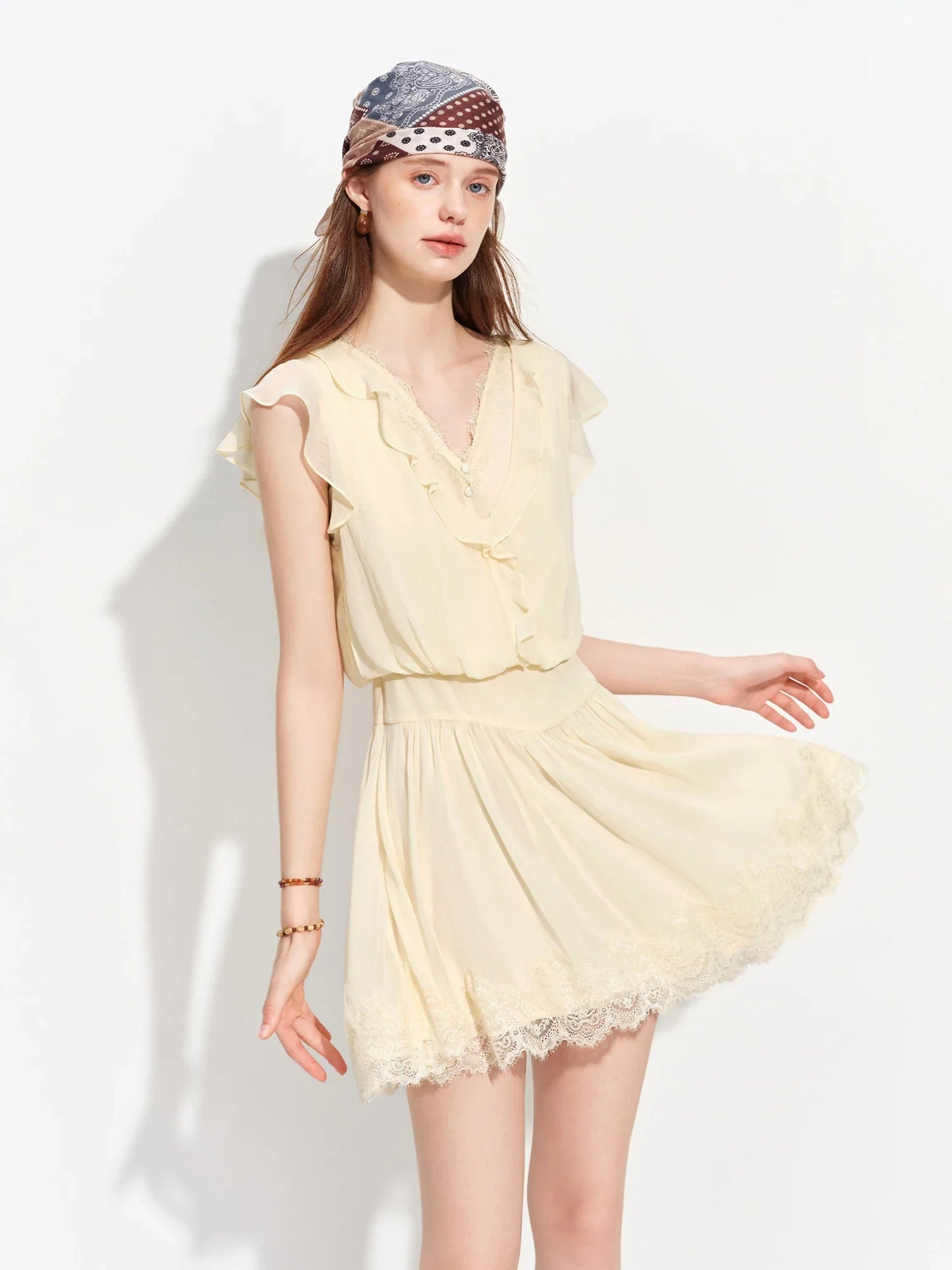 2026 Summer Women‘s Tiered Ruffle Lace Trim Chiffon Long Short Dress Flowy Smocked Maxi for French Romantic Coquette Style